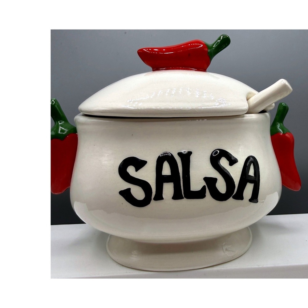 Ceramic Salsa Bowl with Lid and Spoon Red Chili Pepper Handles White Glossy - Picture 2 of 16